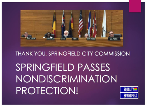 Image stating "Thank You, Springfield City Commission Springfield Passes Nondiscrimination Protection"